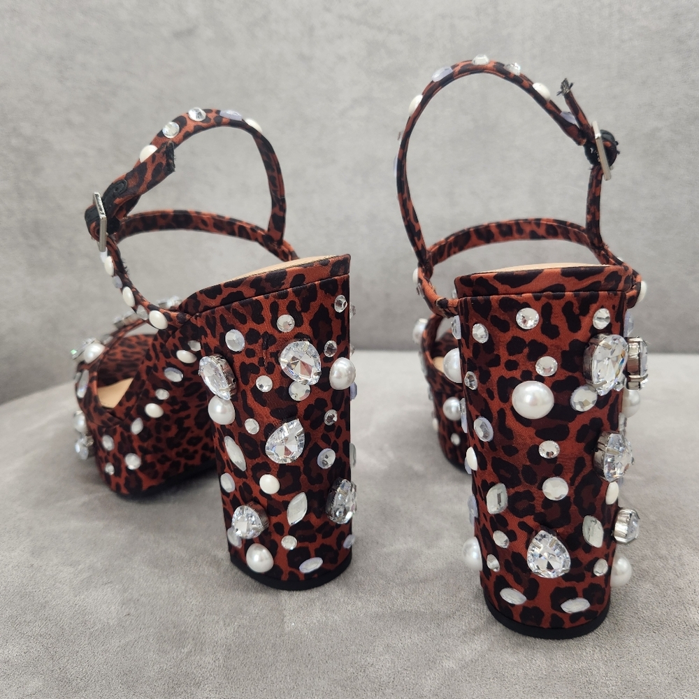 Gianni Bini Platform Sandals 8 Brown Leopard Satin Calvan Two Jeweled New $150 - Picture 12 of 17